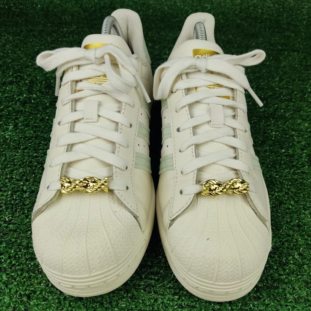 Adidas Sneakers Womens 9.5 White‎ Superstar HQ6963 Mint Green Gold Lace Jewels